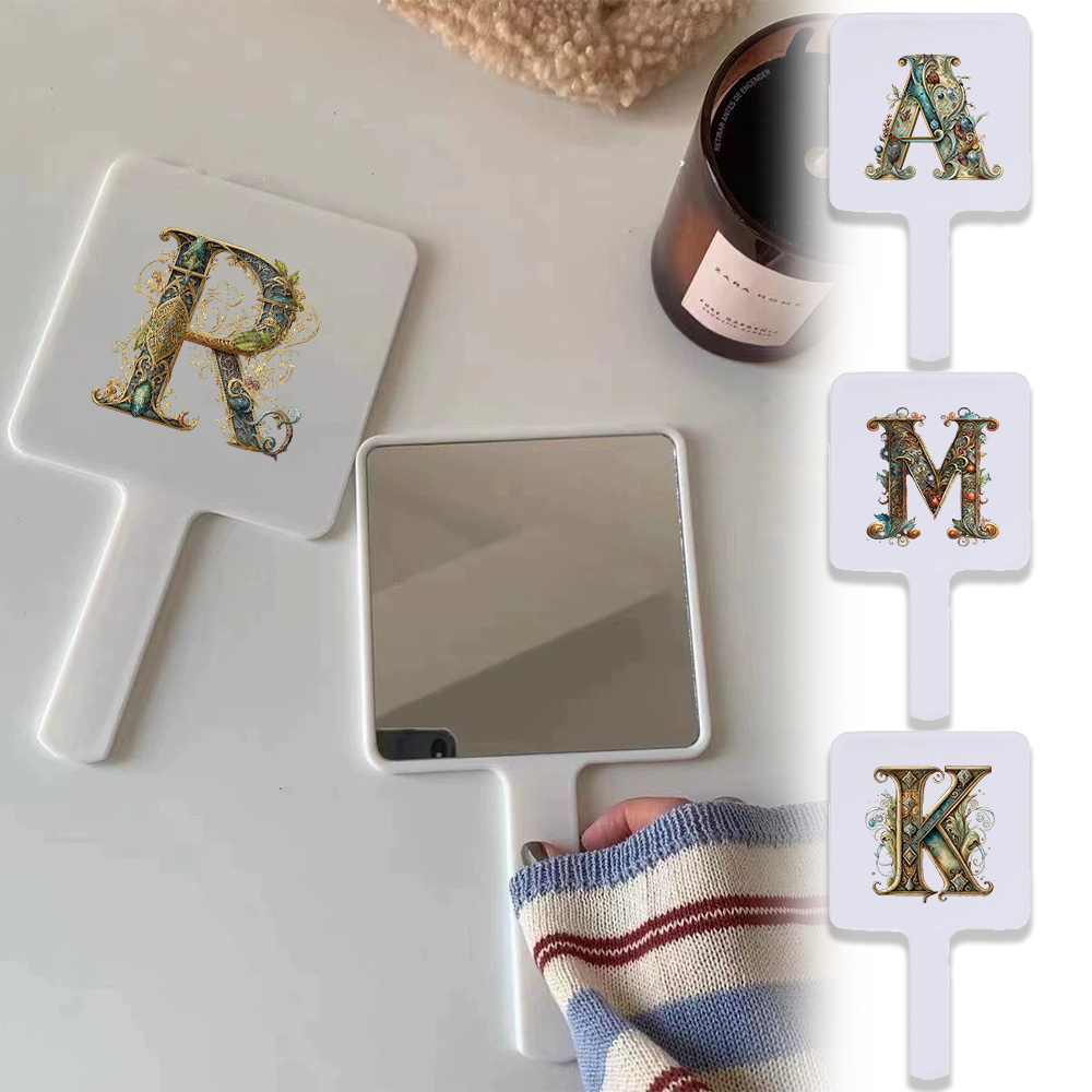 1pc Handheld Square Makeup Mirror Art Letters Durable For Daily & Travel Portable Cosmetic Needs Initial Name 26 Letters Pattern