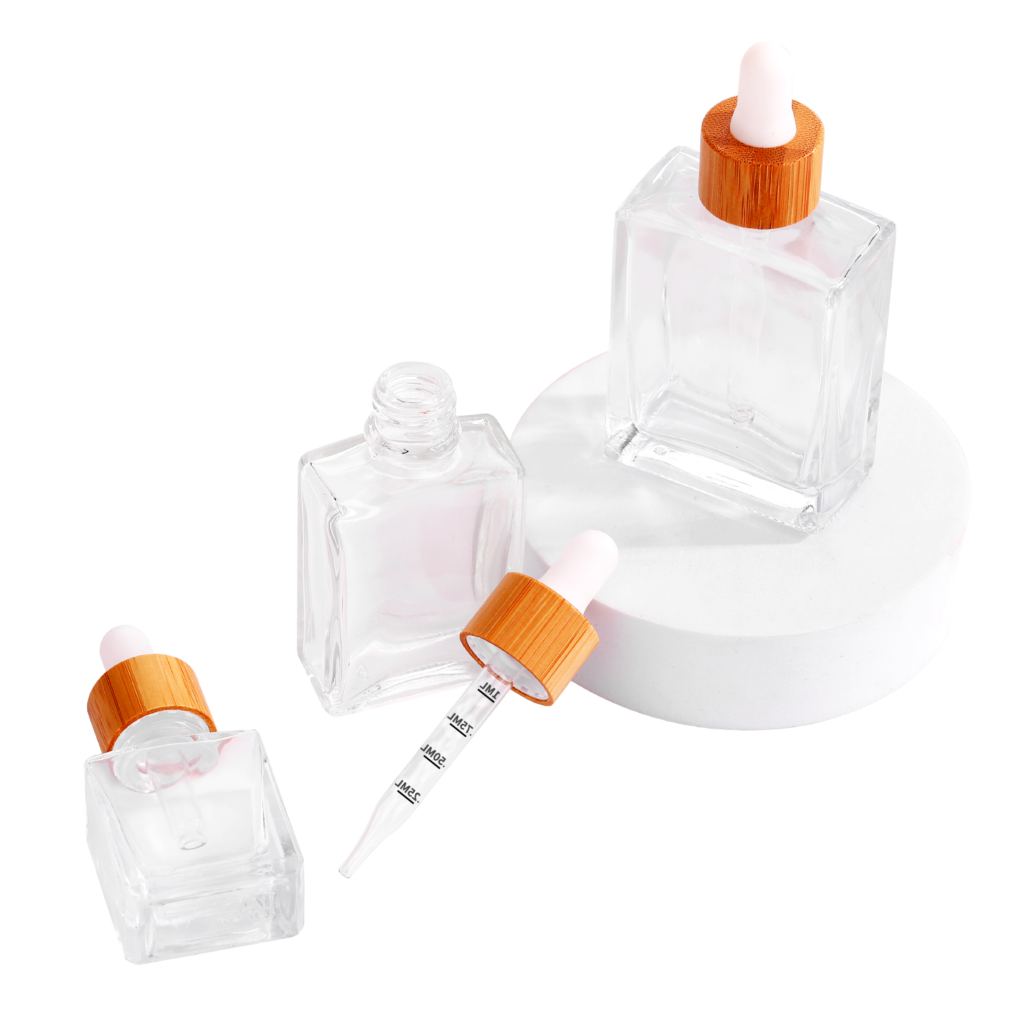 Square Clear Essential Oil Rectangle Glass Dropper Bottles Serum clear square Rectangular Glass Dropper Bottle with Bamboo Cap