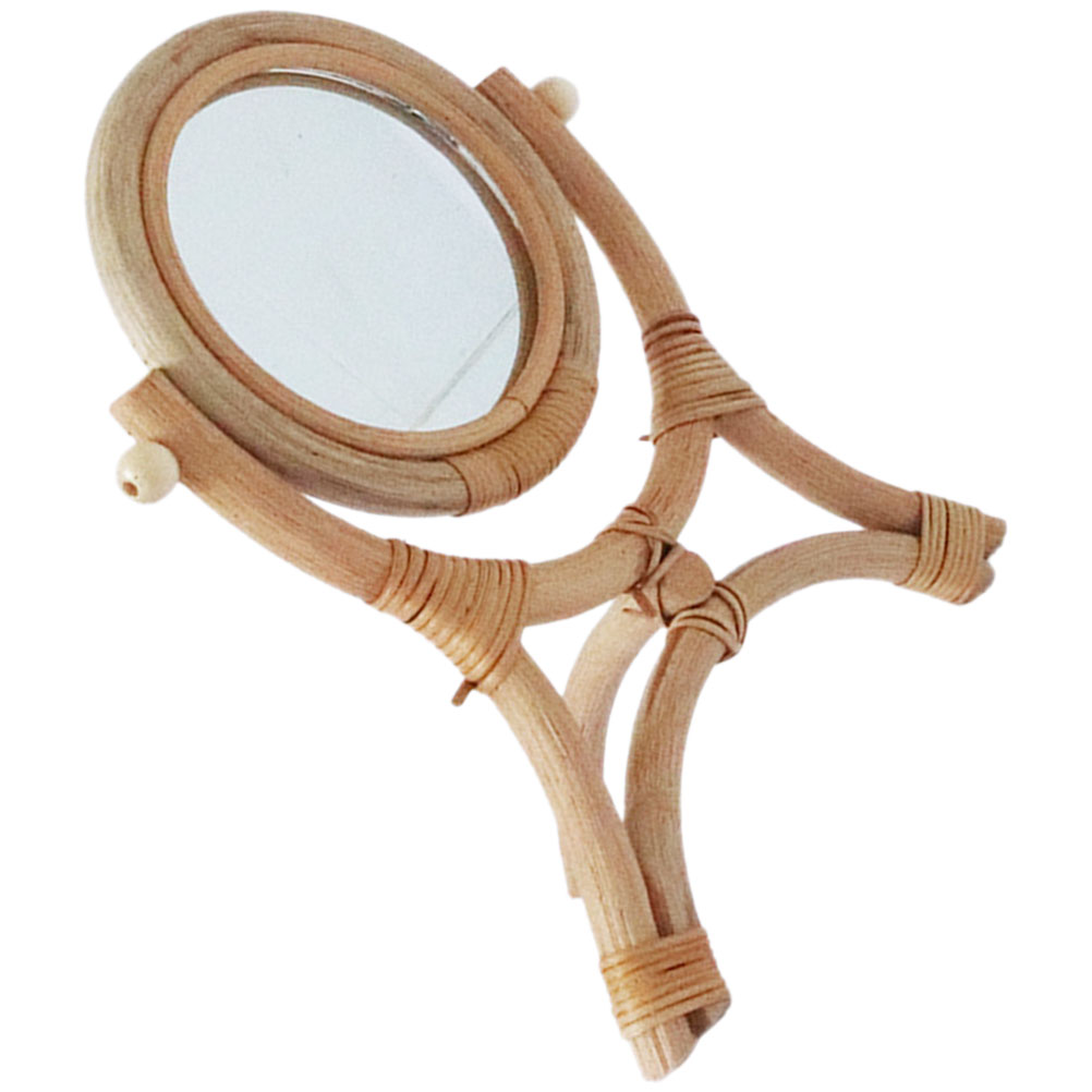 Rotating Rattan Makeup Mirror for Girls Bedroom Vanity Tripod Stand High Definition Desktop Simple Rustic Stylerotation vanity