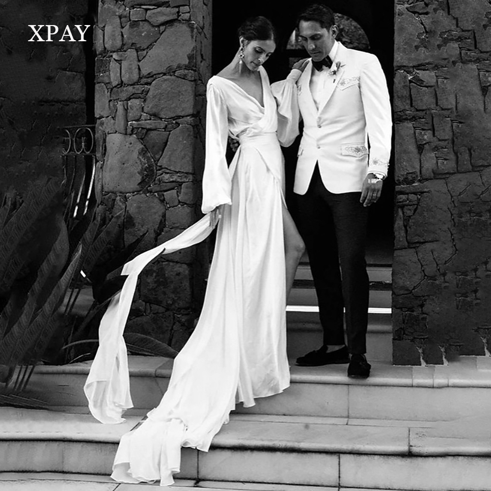 XPAY Simple Silk Chiffon A Line Wedding Dresses Beach Boho V Neck Backless Sexy Women Formal Party Dress Country Bride Gowns
