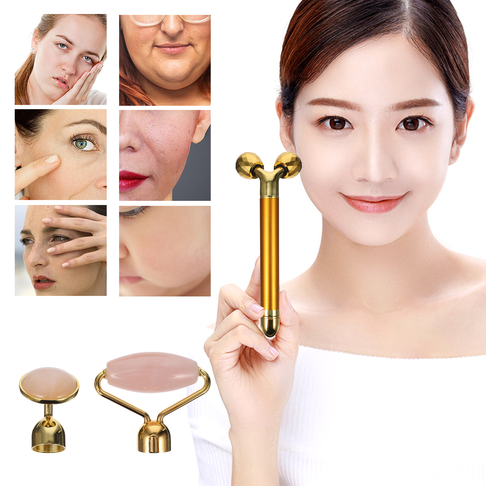 1 set Jade Massager 3-in-1 Face Roller Kit Anti-Aging Skin Smoother Facial Massage Tool Dark Circle Reducer for Wrinkles Relief