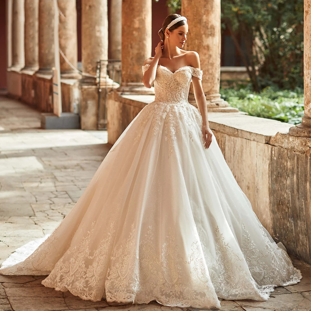 Customized Sweetheart A Line Bridal Gowns for Marriage Off Shoulder 2025 New Lace Luxury Wedding Dress Sweep Train Lace-up