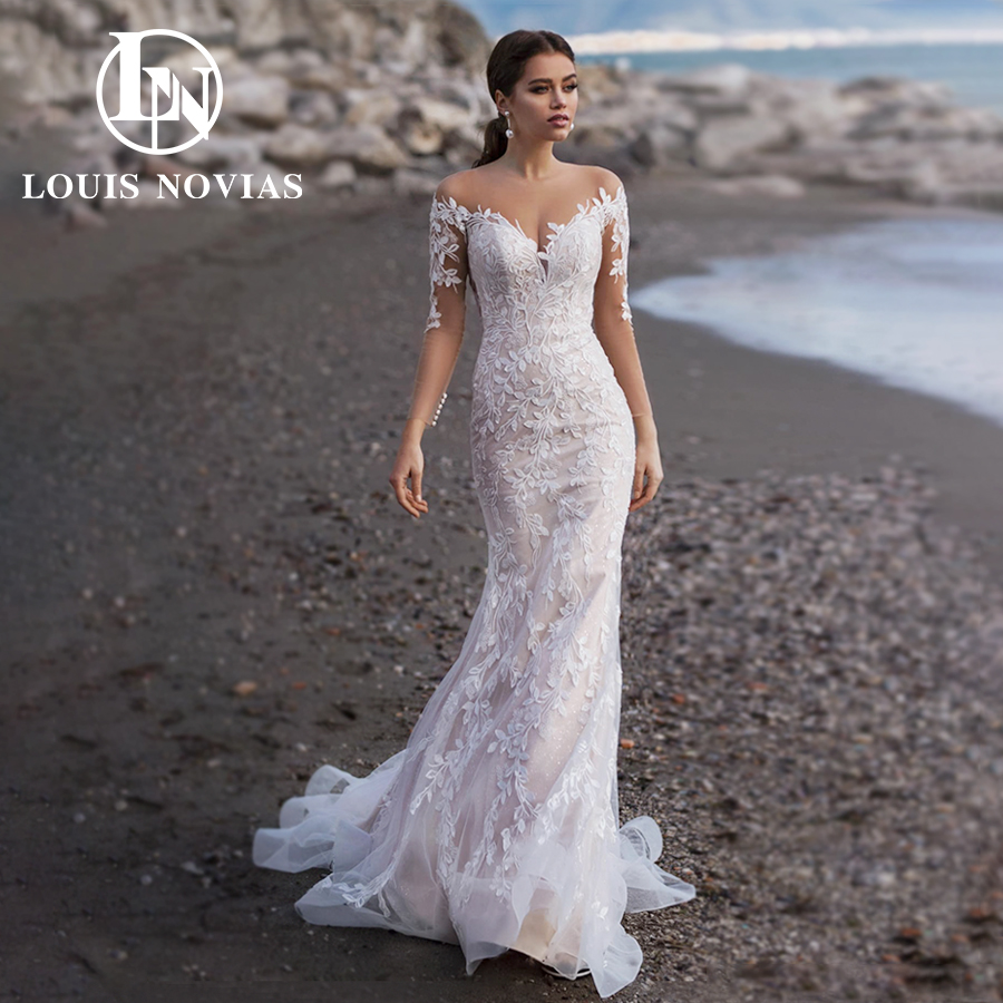 LOUIS NOVIAS Mermaid Wedding Dresses Bride Long Sleeve Invisible Neckline Bridal Gown Illusion Appliques Vestidos De Novia