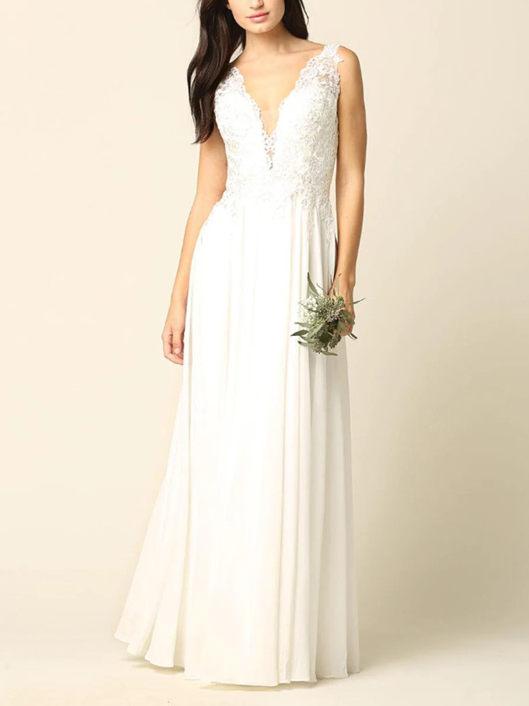 Wedding Dress for Bride Chiffon Lace Appliques V-Neck Sleeveless Backless Floor-Length Party Prom Evening Formal Customized