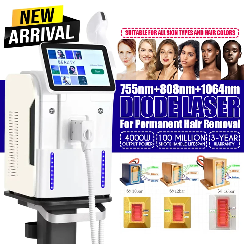 16 Bars Diode Laser SHR Hair 755 808 1064 Trio Wavelength Laser Removal Machine Ice Cooling Painless Permanent Depilation