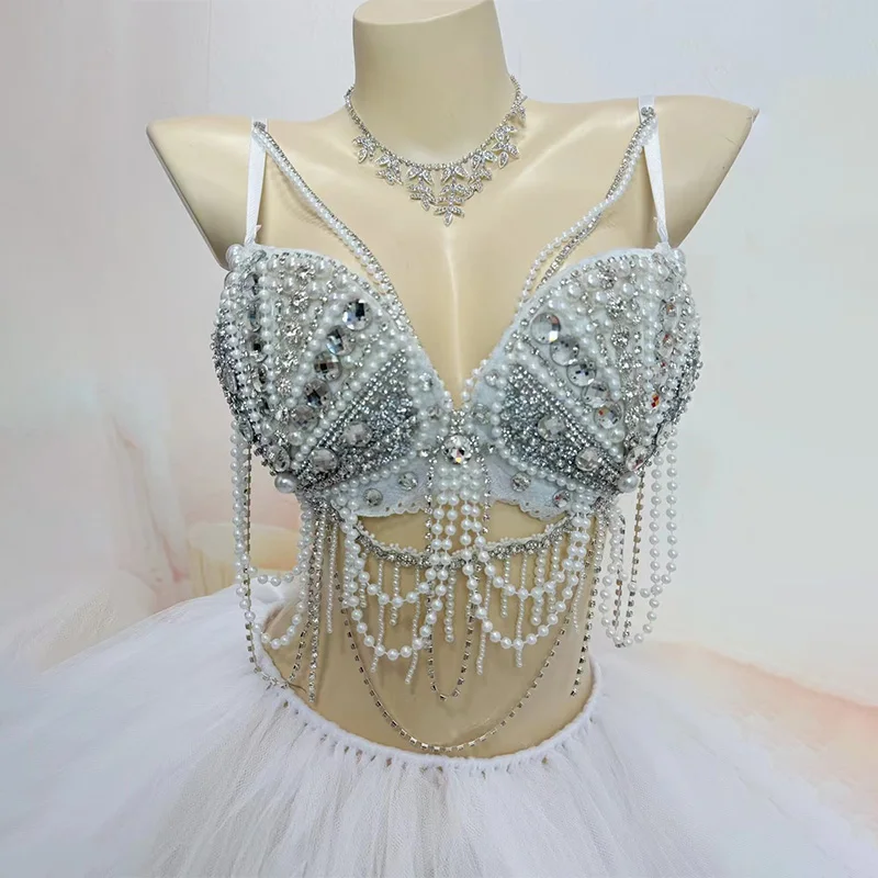White Diamond Gogo Dance Clothing Woman Jazz Dance Shell Pearl Dress Festival Party Costume  Nightclub  Performance Wear