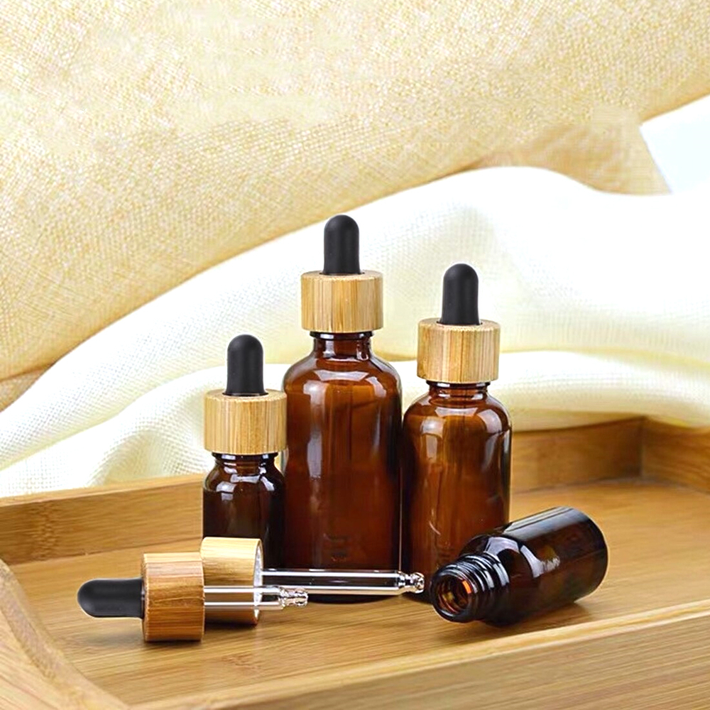 Bamboo Dropper Bottles, 5ml-30ml Thick Amber Glass Tincture Bottle with Eye Droppers, Leakproof Travel Essential Oils Bottles