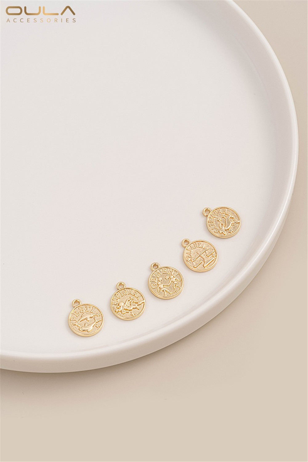 1PCS 14K Gold-plated 12 Zodiac Sign Pendant Round Plate Concave-convex Pendant, Diy Handcrafted Bracelet Necklace Accessory