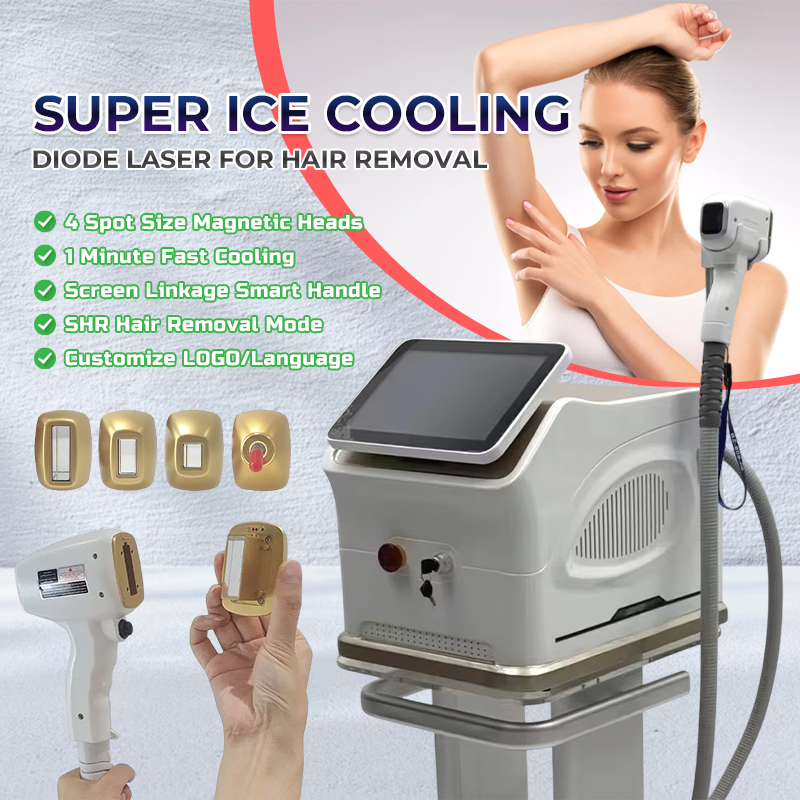 Laser Diode for Hair Removal 4 Replaceable Magnetic Heads 3 Wavelengths 755 808 1064 SHR Freezing Point Depilation Instrument