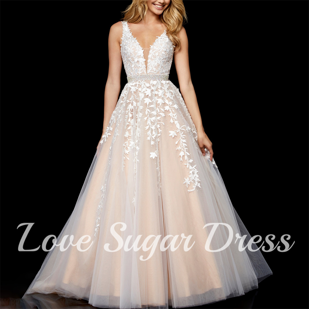A Line Lace Applique Wedding Dresses Elegant V Neck Long Train Bridal Gown Sleeveless Backless Bride Dress vestidos para mujer
