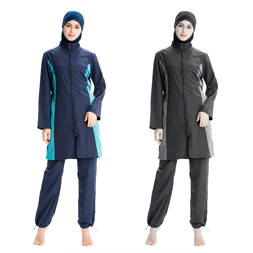 M-4XL Sporty Islamic Muslim Women Swimsuit Burkini Modest Zipper Front Adjustable Waist 2 Color Patchwork Sportswear With Hijab