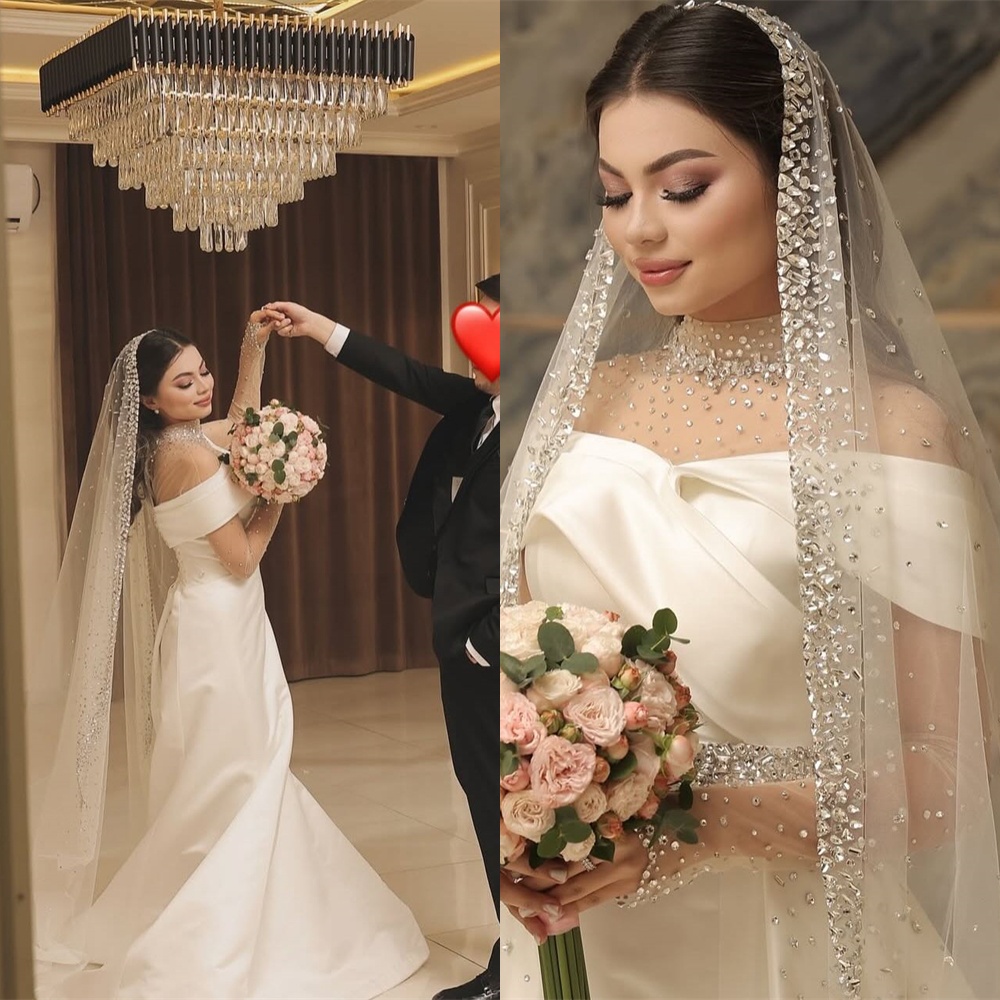 Customized Temperament White Satin  Wedding Dress Exquisite Strapless Off the Shoulder Short Sleeves Chapel Train Bridal Gowns