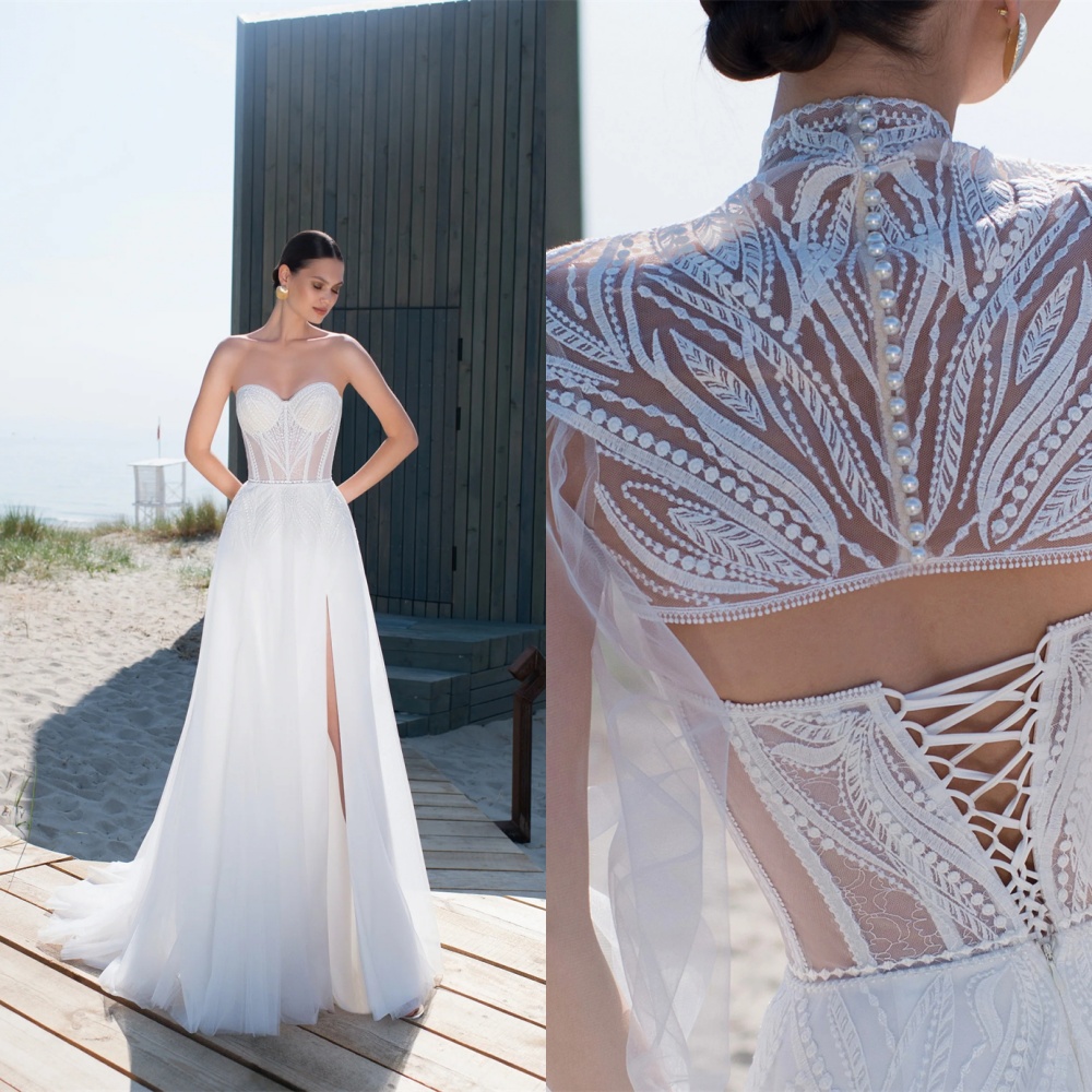 Customized Romantic White Organza Wedding Dress Exquisite Strapless Long Sleeves Shawl Chapel Train Zipper Back Bridal Gowns