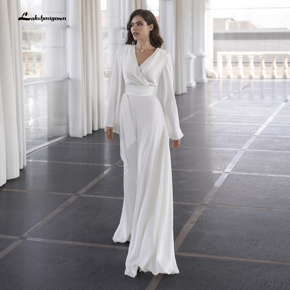 White Wedding Dresses Summer Bohemian Jumpsuit V Neck Long Sleeves Beach Bridal Gowns Pants Boho Style Robe De Mariée 2023