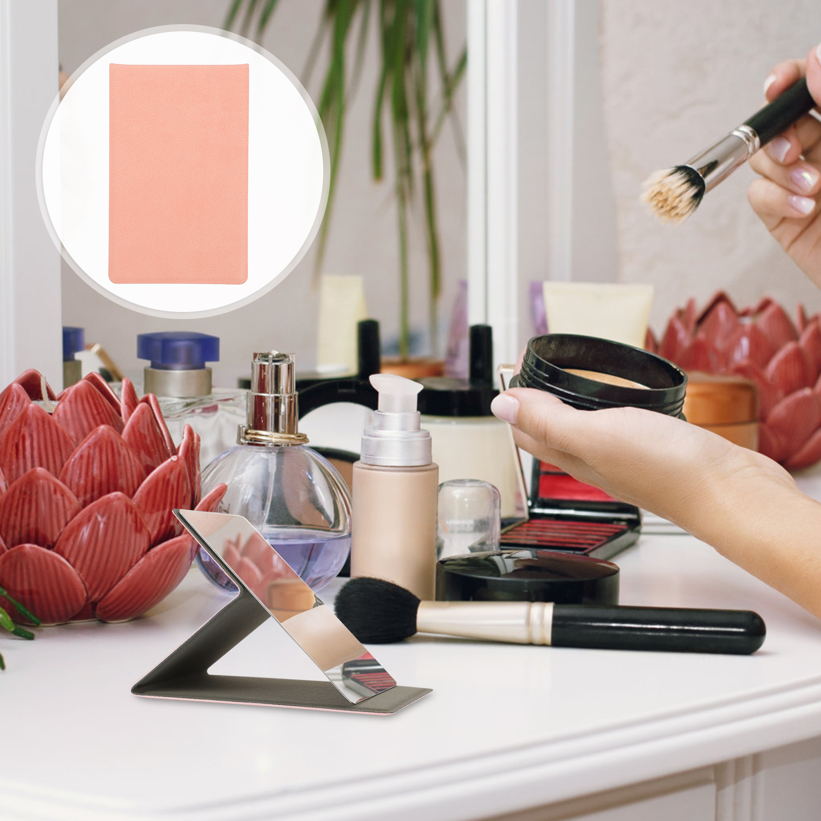 Mirrors Collapsible Vanity Dresser for Women Portable Aldult Pink Pu Pocket Travel