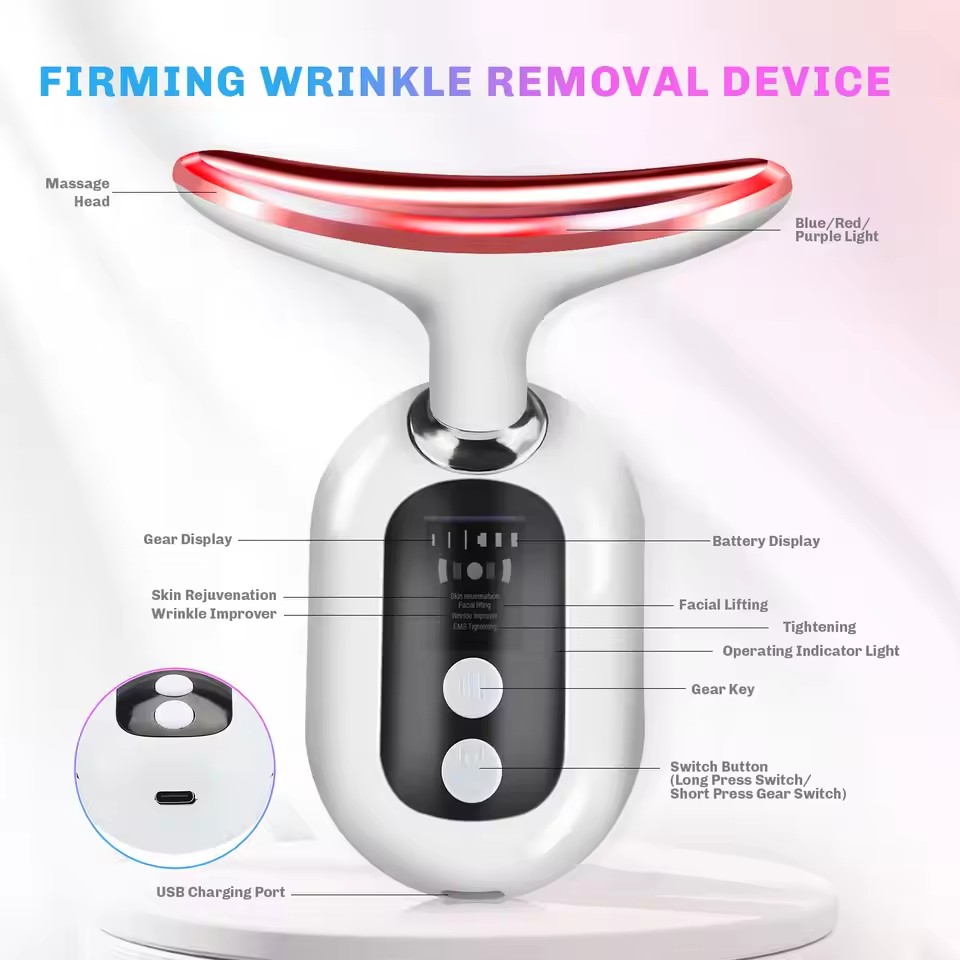 EMS Neck Face Beauty Device Facial Lifting Double Chin Remover Wrinkle Removal LED Light Therapy Skin Lift Tighten Massager