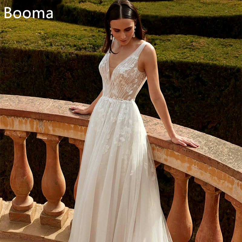 Booma A-Line Elegant Wedding Dresses Long Lace Appliques V-Neck Sleeveless Lace Satin Simple Brides Gown Custom Made 2025
