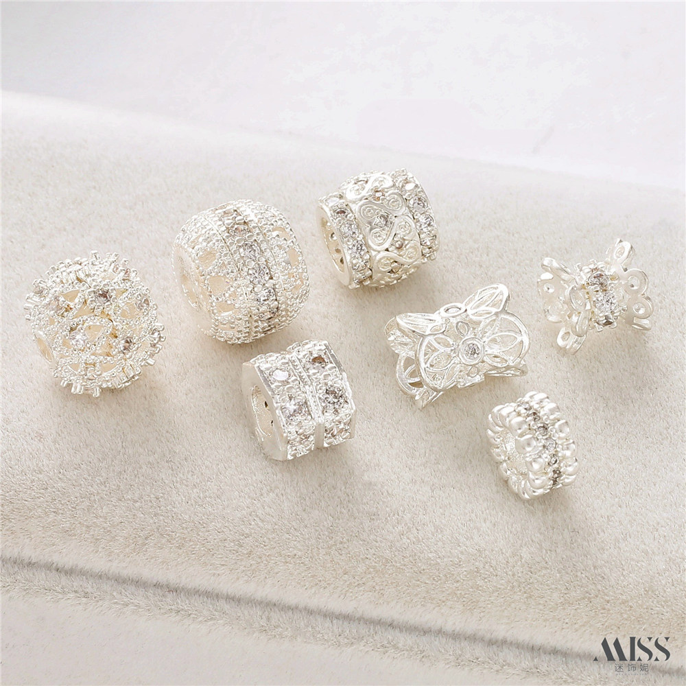 Copper Plated Thick Silver Zircon Hollow Barrel Beads Double Head Flower Tray Bead Diy Handmade Bracelet Jewelry Accessories