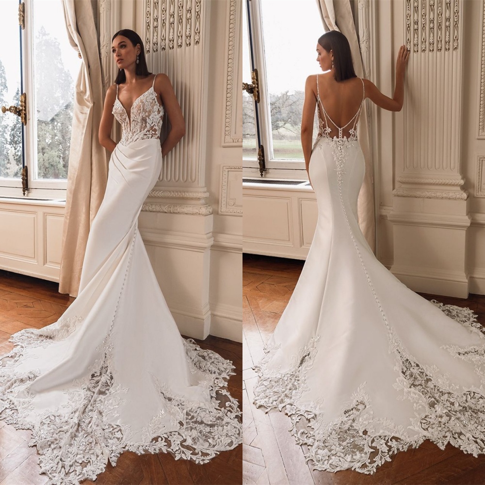 Customized Delicate White Jersey Wedding Dress Exquisite V-neck Spaghetti Straps Bridal Party Sexy Backless Vestido De Novia