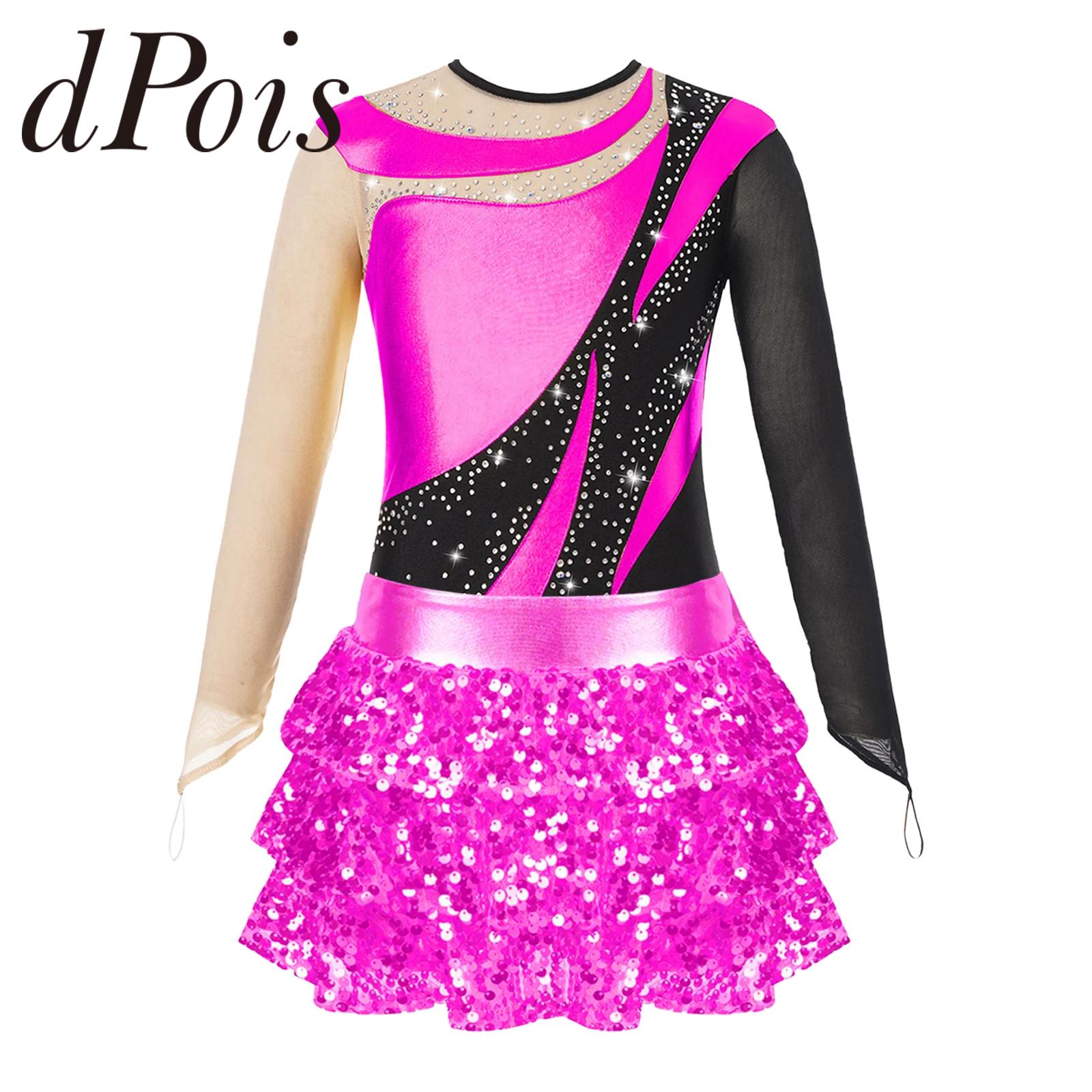 Kids Girls Long Sleeve Gymnastics Leotard with Shiny Sequins Skirted Shorts Teens Figure Skating Jumpsuit Ballet Dance Outfits