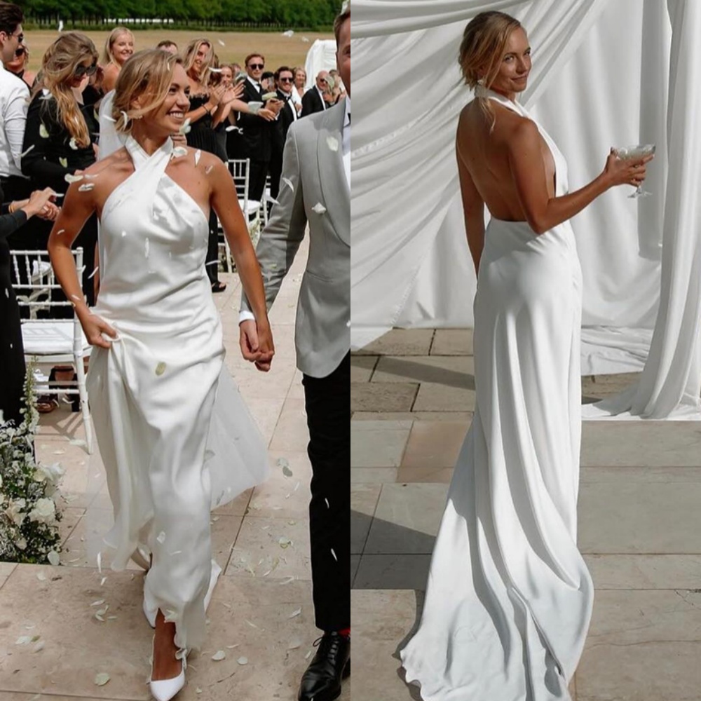 Customized High Quality White Jersey Wedding Dress Simple Strapless Halter Bridal Gowns Chapel Train Backless Mermaid Dress