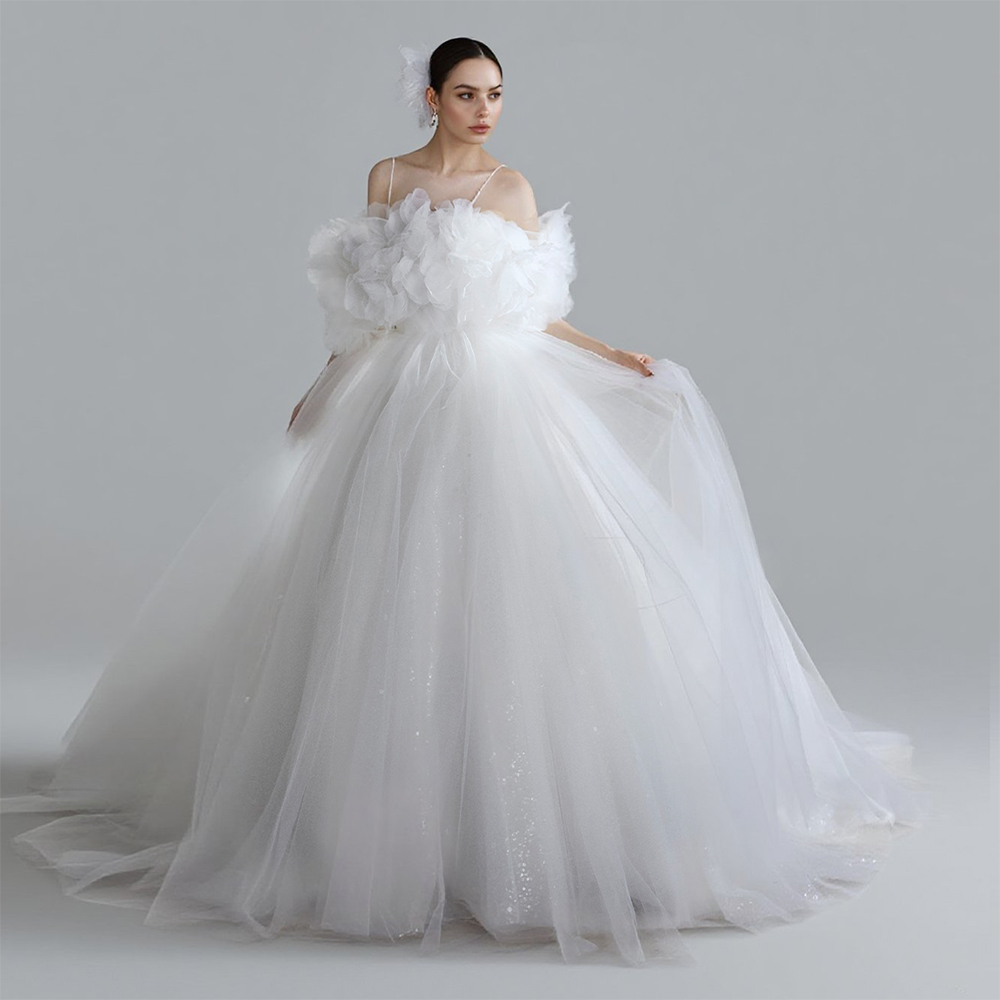 ESBRIDE Customized White Wedding Dress Women Lightweight Tulle Halter Back Pleated Maxi Dresses Sequins Ball Gown