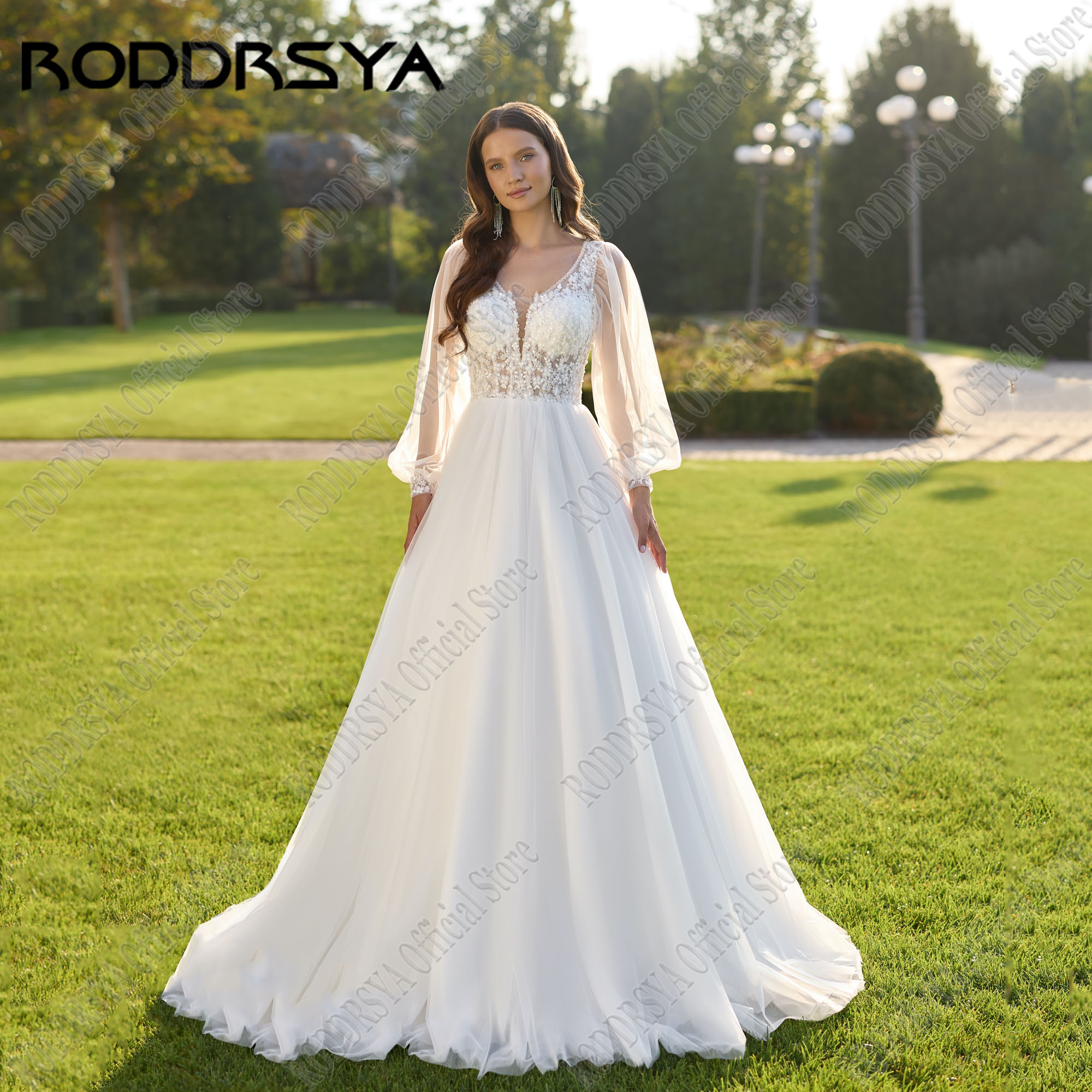 RODDRSYA Customized Long Wedding Dress Puff Sleeve Beading V Neck Bride Gowns A-Line Bridal Dress Luxury Vestidos De Novia 2025