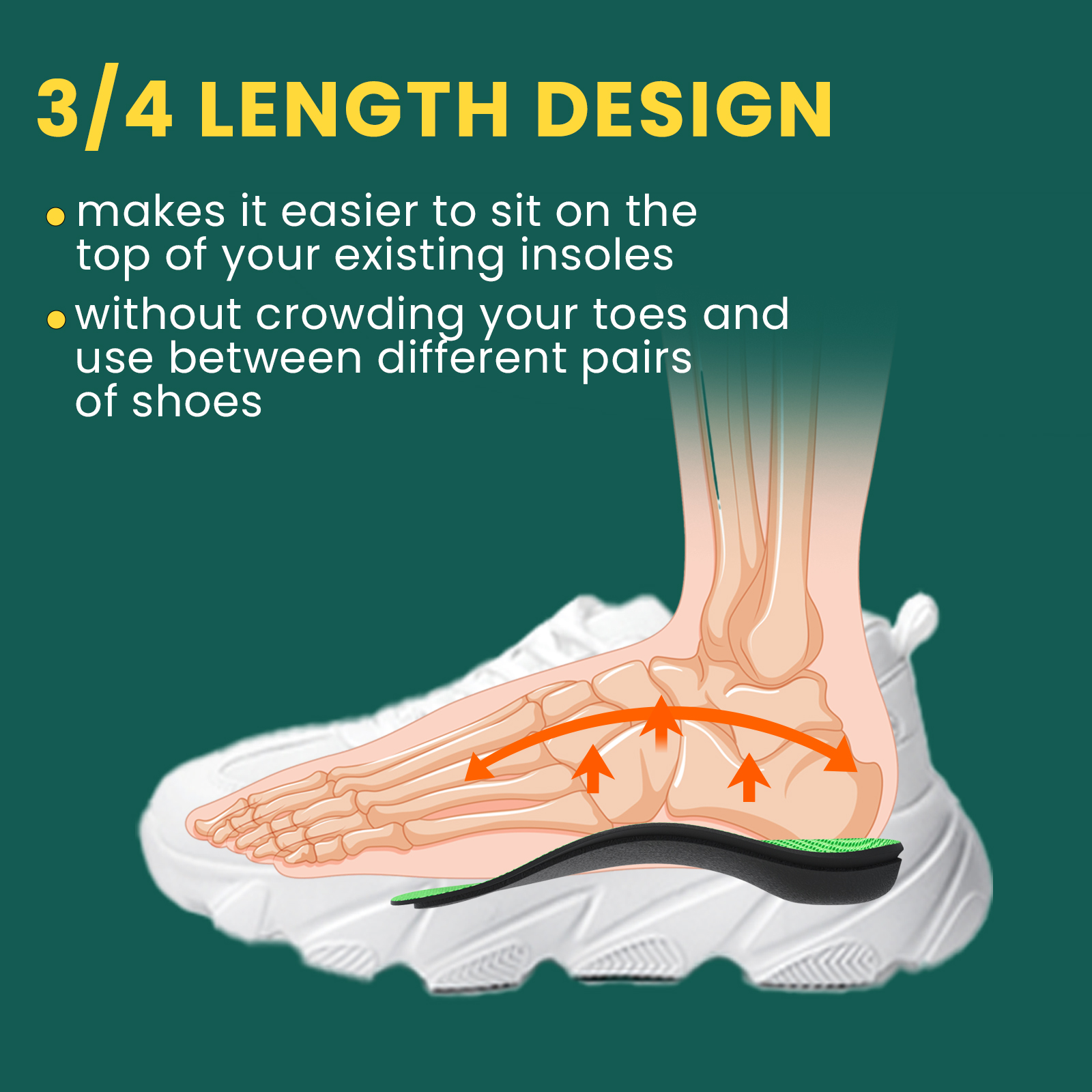 1Pair 3/4 Arch Support Insoles Orthotic Height Increase Insoles for Plantar Fasciitis Over Pronation Flat Feet Foot Pain Relief