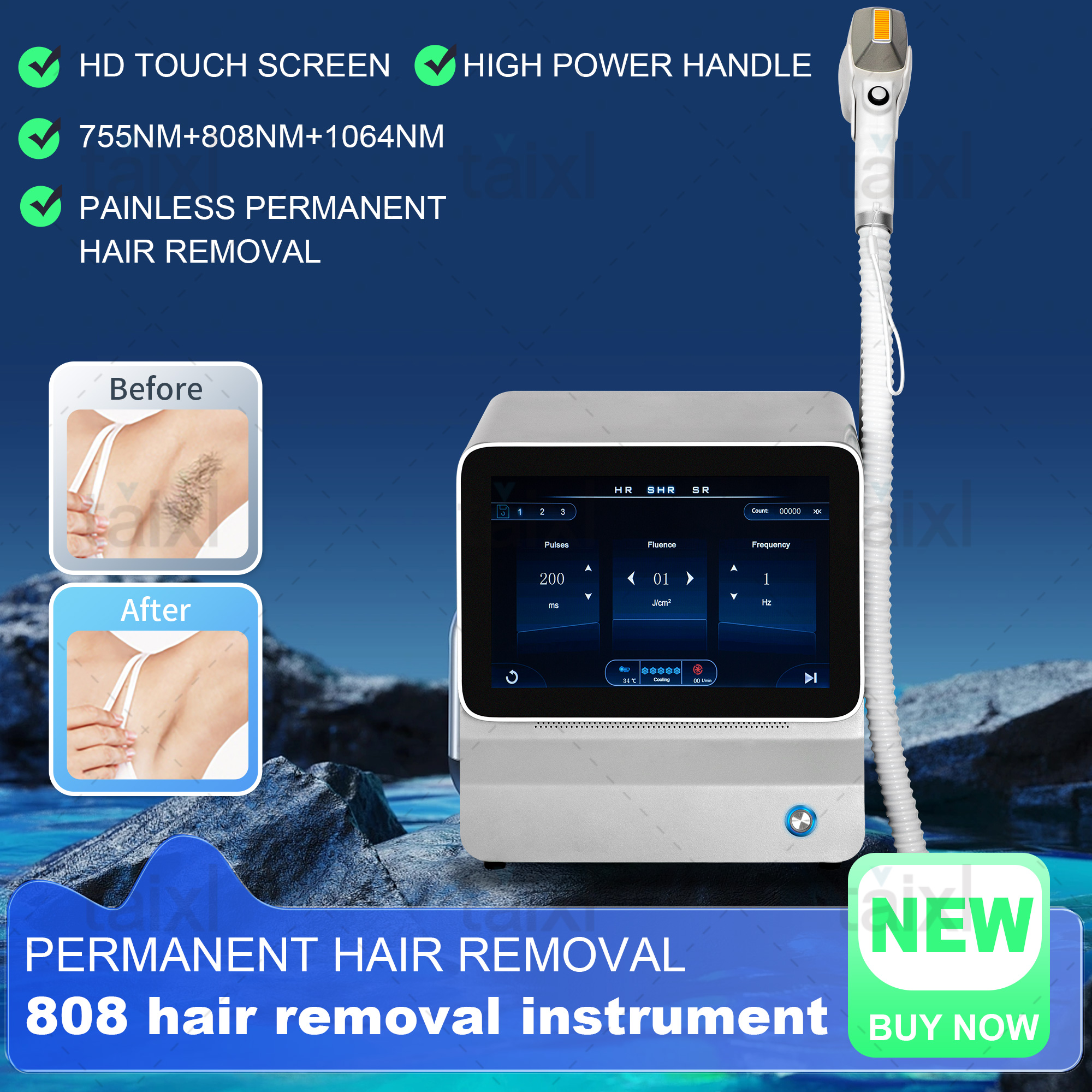 808 nm 3 Wavelength Diode Laser Hair Removal Machine Safe and Painless Permanent Intelligent 3 Wavelength 3500W