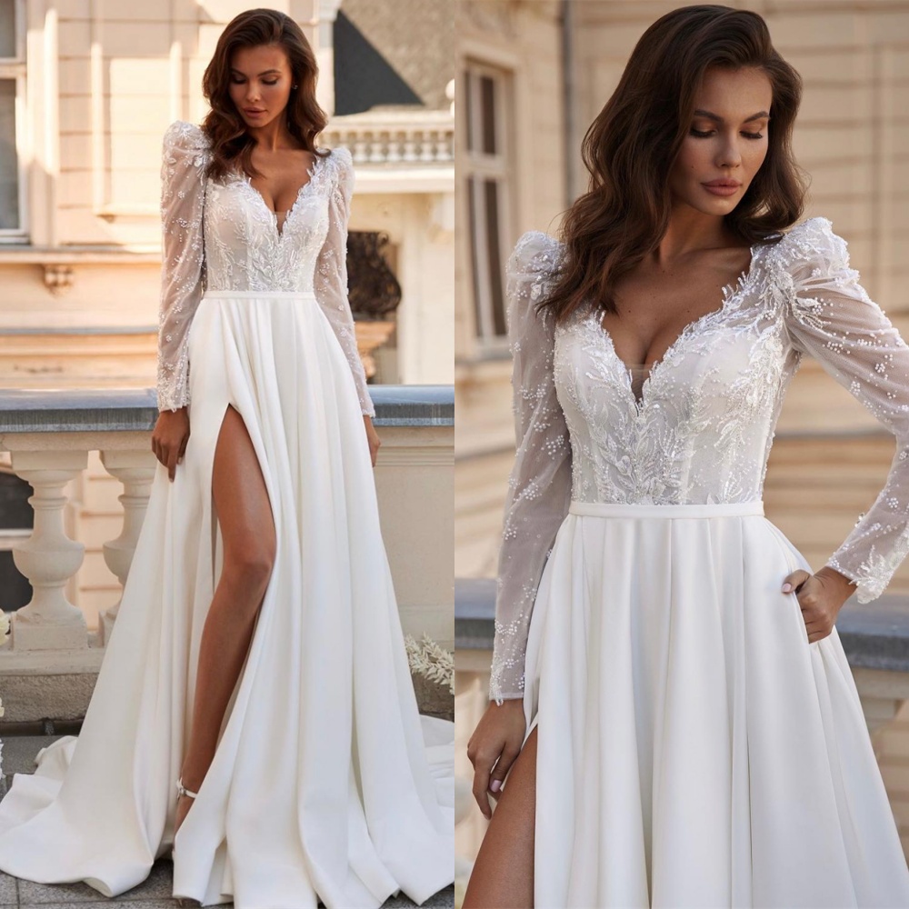 Customized Delicate White Satin Wedding Dress Temperament  V-neck Long Sleeves Vestido De Novia Simple Buttons Back Bridal Party