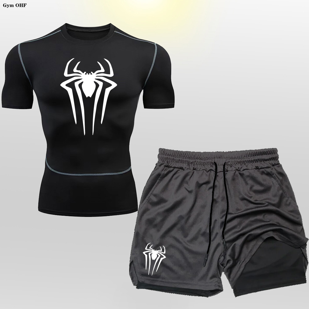 Compression Shirt Man Fitness Gym 2 in 1 Shorts Workout Rashguard Jiu Jitsu Running Joggers Training Clothes Set Sportswear Male