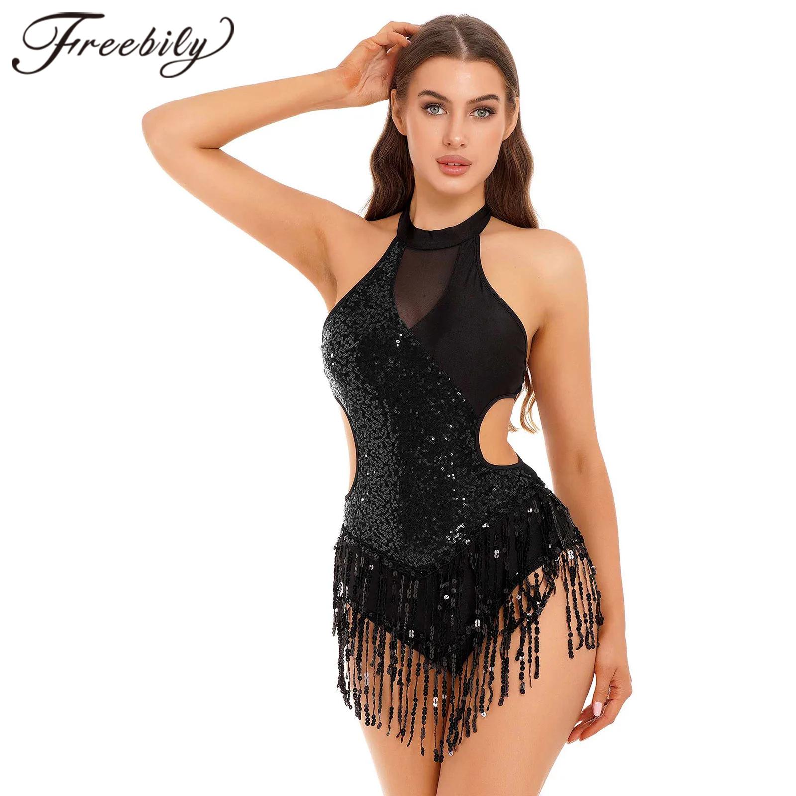 Women Fringed Latin Dance Costume Sequins Tassel Leotard Dresses for Dancing Chacha Samba Tango Skating Gymnastics Jumpsuit