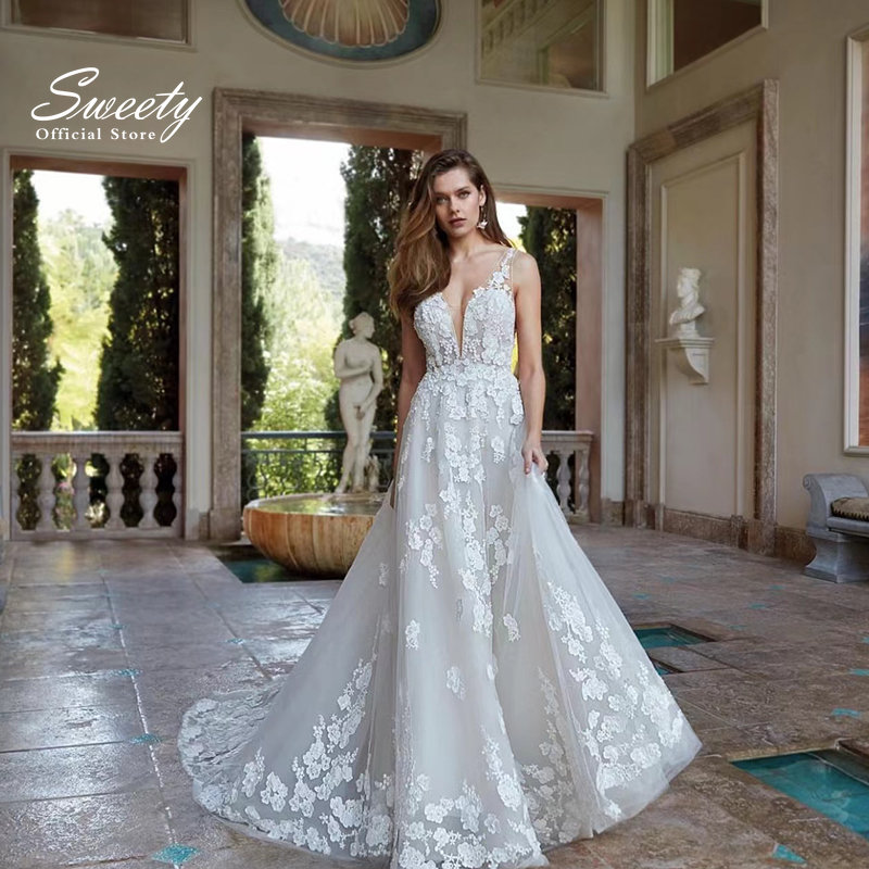 Graceful Weddingdress Embroidered Lace On Net With A-Line Ballgown V-Neck Sleeveless Customized Vestido De Novia Backless Bride