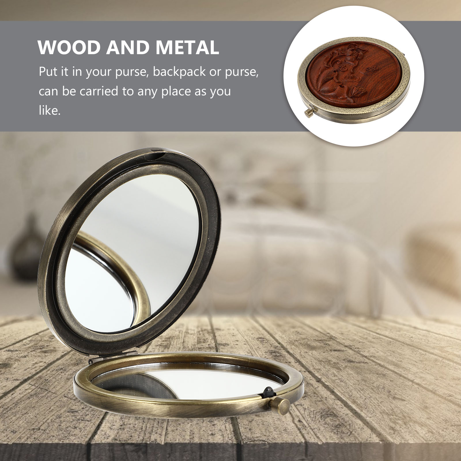 Portable Makeup Mirror Round Wood Pocket Compact Retro Travel Small Vanity Folding Elegant Beauty Tool