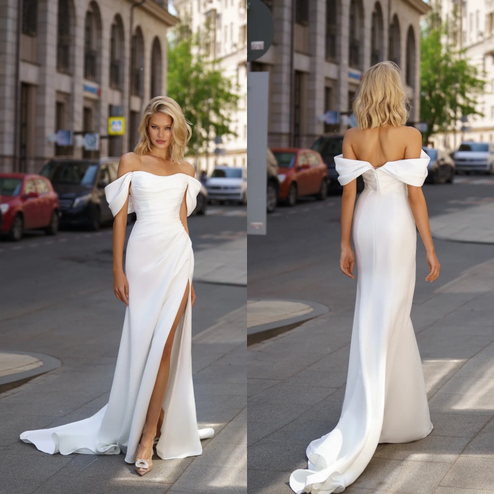 Customized Exquisite White Satin Wedding Dress High Quality Strapless Off the Shoulder Short Sleeves Chapel Train Bridal Gowns