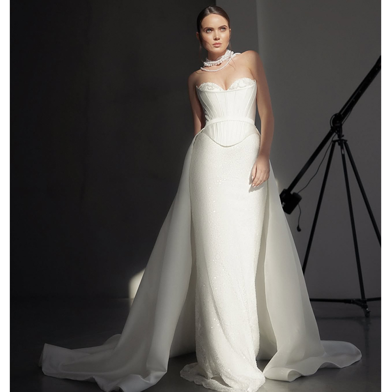 Luxury Detachable Train Weddingdress Satin With Embroidery Bead Mermaid Ballgown Strapless Sleeveless Customized Vestido De Novi