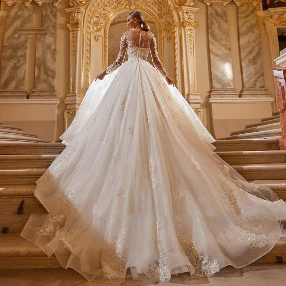 Elegant Ball Gown Bridal Gowns 2024 O Neck Long Sleeve Wedding Dress Tailor Made Lace Appliques Beaded Wedding Dress