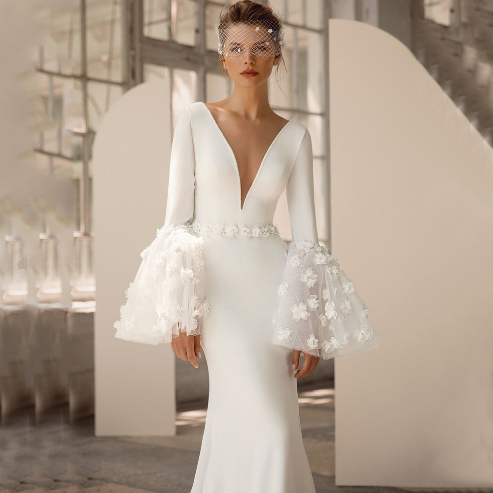 Elegant Long Flare Sleeve Wedding Dress Deep V-Neck Jersey with 3D Flowers Belt Mermaid Floor Length Customized Bride Gowns