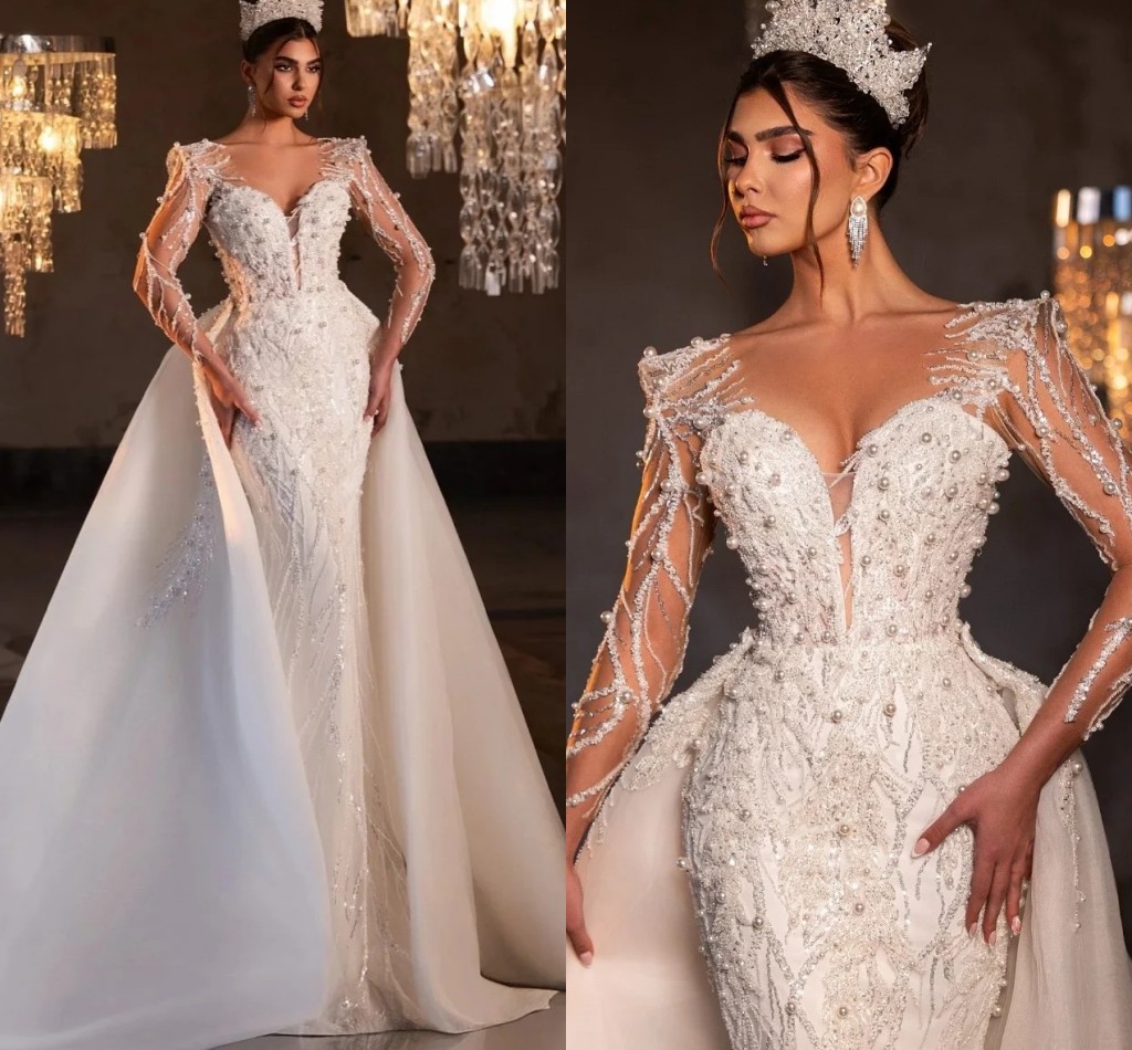 2025 Luxury Mermaid Wedding Dress Sheer Neck Long Sleeves Bridal Bride Gowns Sequins Pearls Detachable Train Vestidos De Noiva