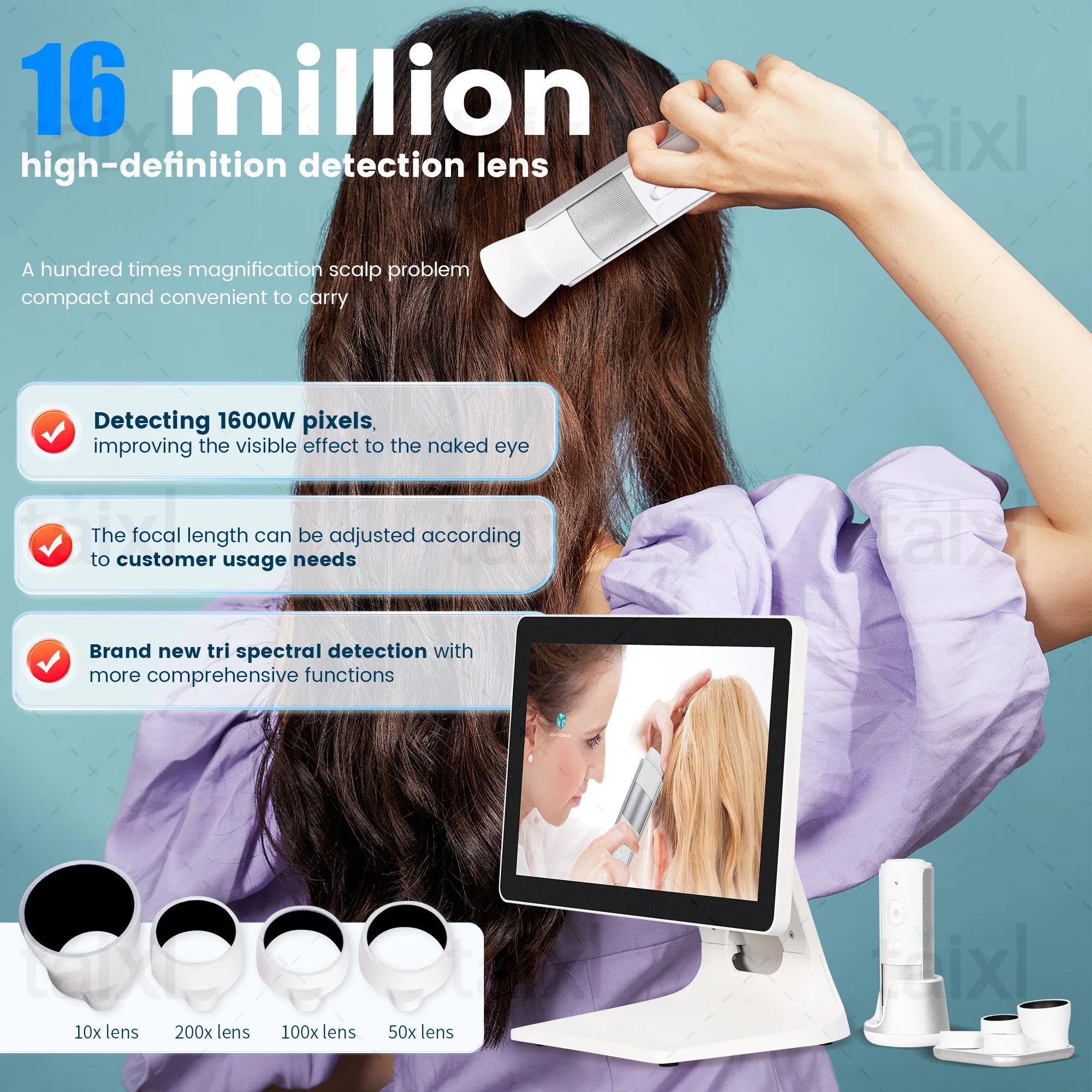 DS3 multispectral scalp detector, equipped with multiple 16 Milion high-definition detection lenses for scalp problem detection,