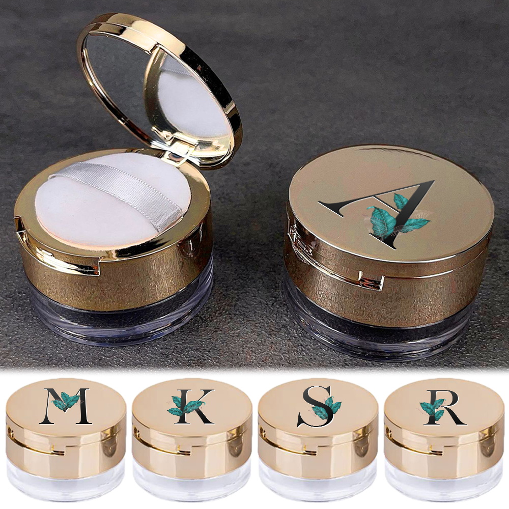 1pc Travel-Friendly Powder Puff Case With Built-In Sieve Mirror & Leaf Letter Design Makeup Box Initial Name 26 Letters Pattern