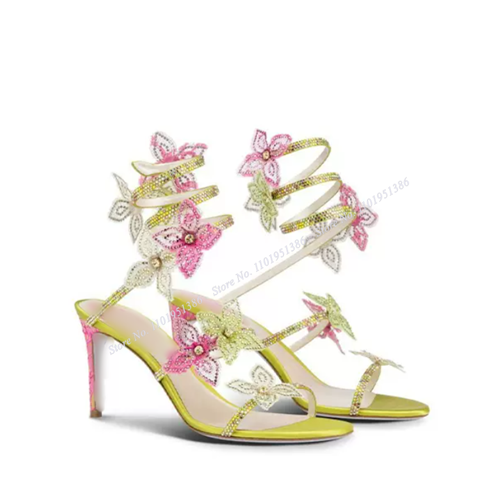 Abesire Green Crystal Twine Sandals Flower Decor Stilettos High Heel Mixed Color Shoes for Women Shoes on Heels Zapatillas Mujer