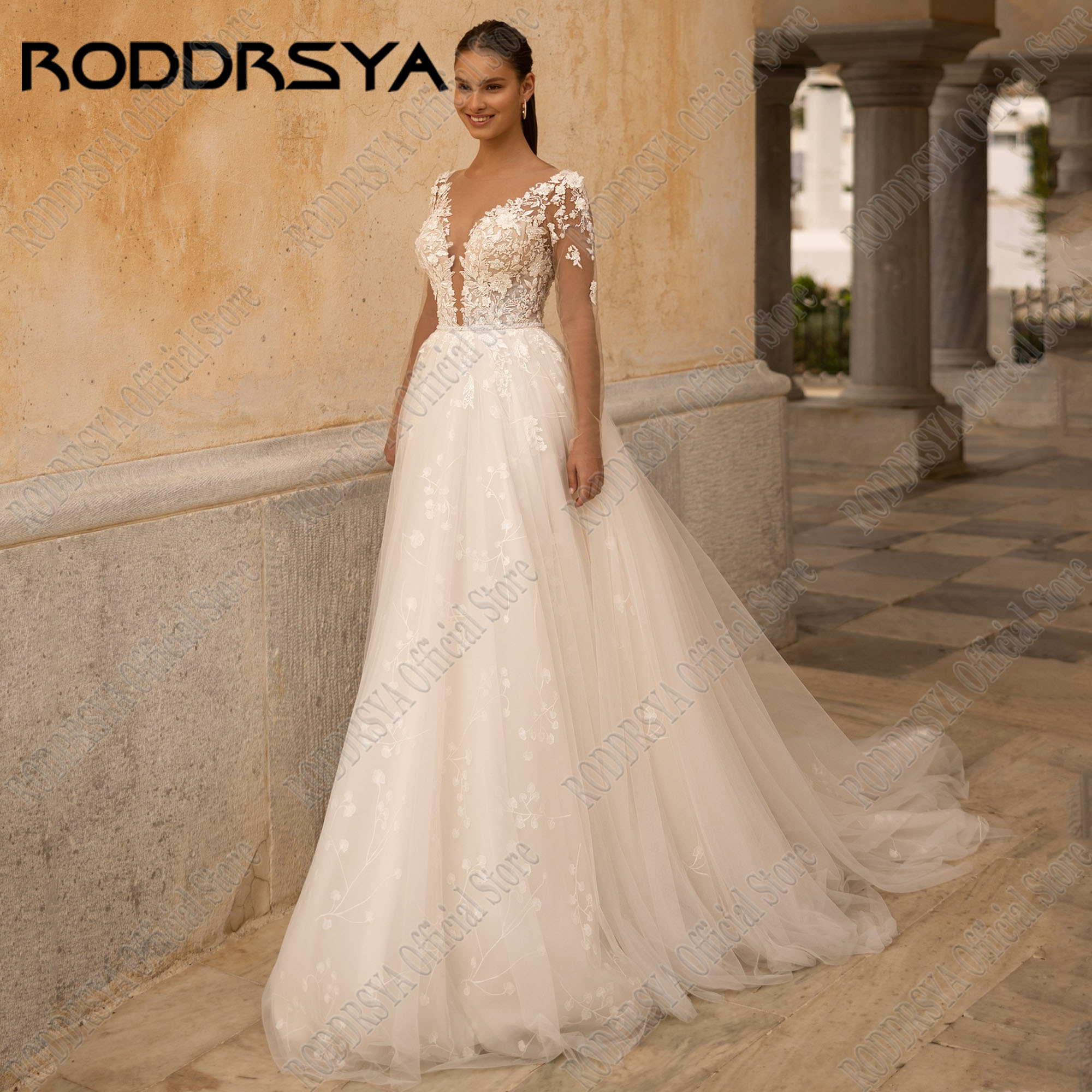 RODDRSYA Boho Lace Wedding Dress 2025 Bride A-Line Applique Long Sleeves O-Neck Beach Bridal Gowns Customized Vestidos De Novia