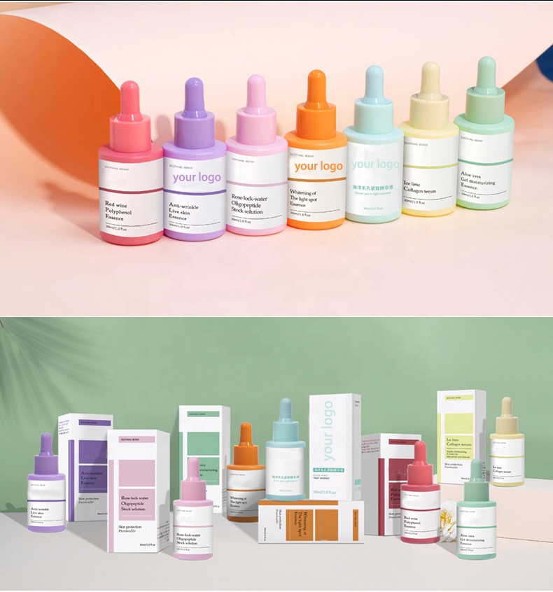 Luxury flat shoulder macaron color matte Private Label Print Your logo Facial Serum Face Whitening Retinol Serum Skin Care Serum