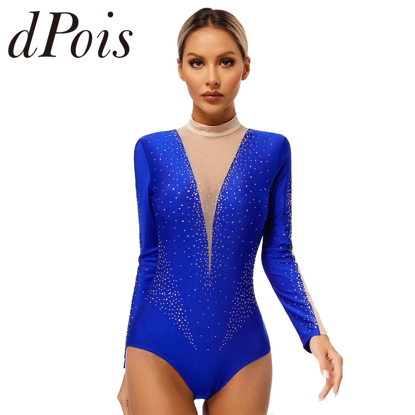 Gymnastics Jumpsuits For Women Ballet Dance Leotard Sheer Mesh Patchwork Long Sleeve Bodysuit Femme Yoga Figure Skating Jumpsuit