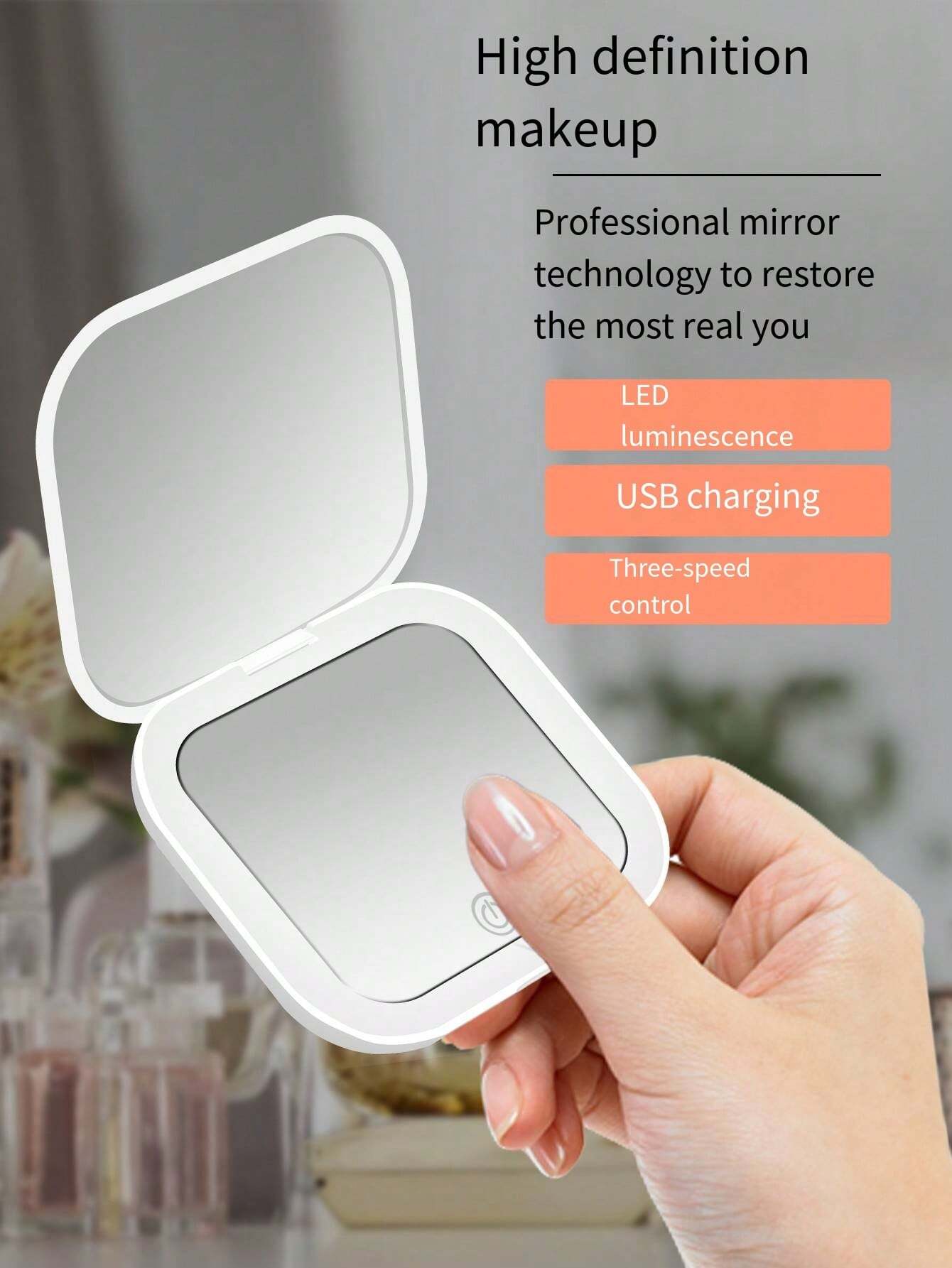 Square LED New Handheld Double-Sided Clamshell Round Pocket Folding With Light Led Makeup Mirror Compact 3x Magnification Cosmet
