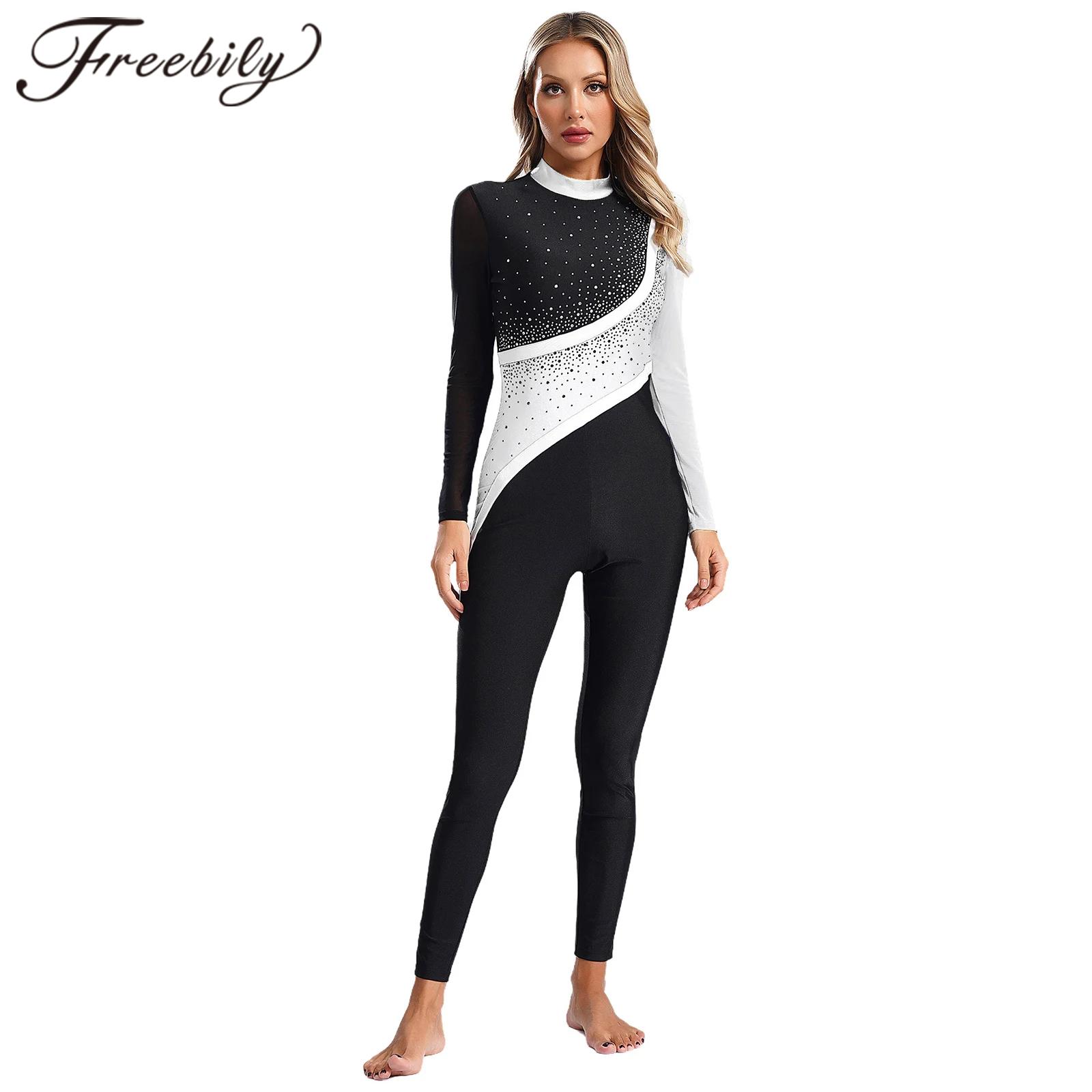 Womens Color Block Gymnastics Jumpsuit Shiny Rhinestones Full Body Leotard Femme Sheer Mesh Long Sleeve Figure Skating Bodysuit