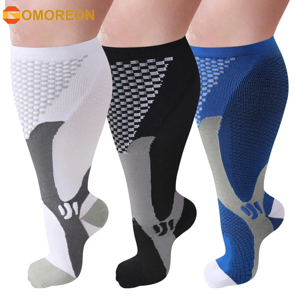 GOMOREON 1Pair Plus size compression socks wide calf women men knee high 20-30 mmhg circulation for swelling 2XL-7XL
