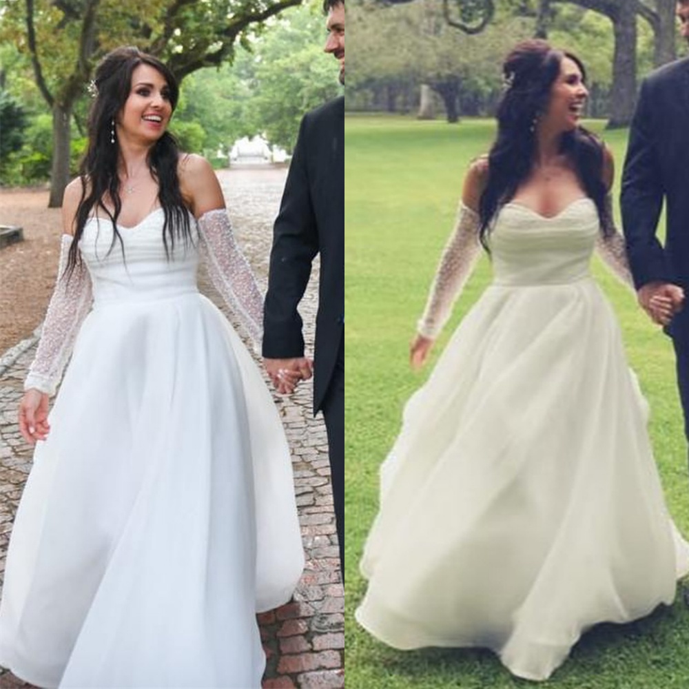 Customized White Tulle Wedding Dress Simple Strapless Detachable Sleeve Long Sleeves Bridal Gowns Chapel Train Backless Dress