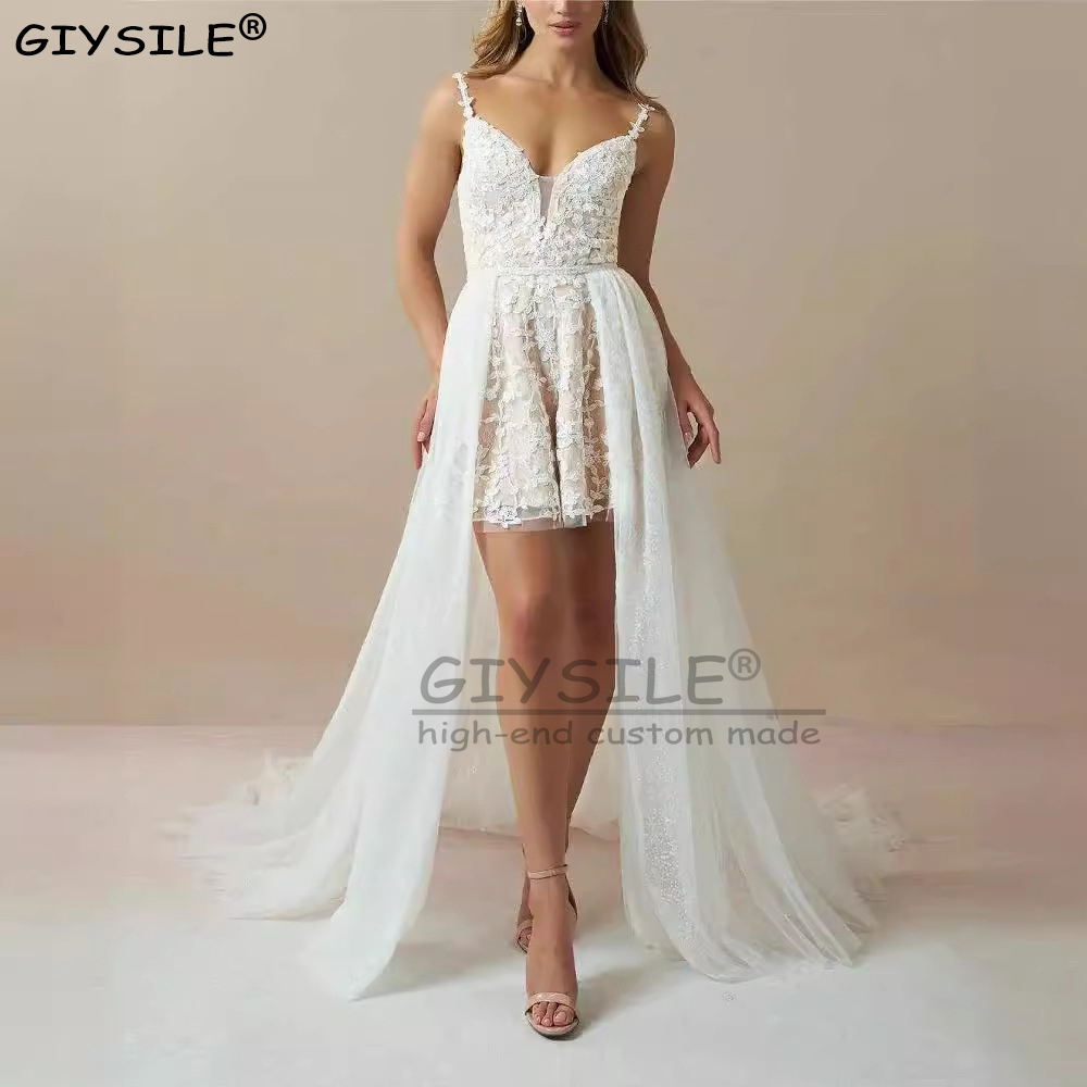 GIYSILE Customized Spaghetti Straps A Line Mini Beach Wedding Dresses for Women 2025 Sleeveless Long Tail Boho Lace Bridal Gowns